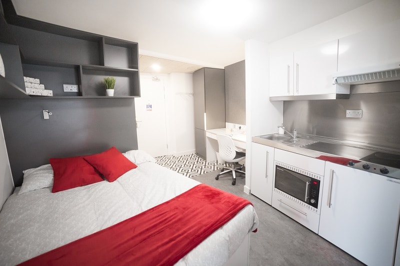 A studio apartment at Paradise Street, student accommodation with British contract furniture manufactured by Wessex Furniture